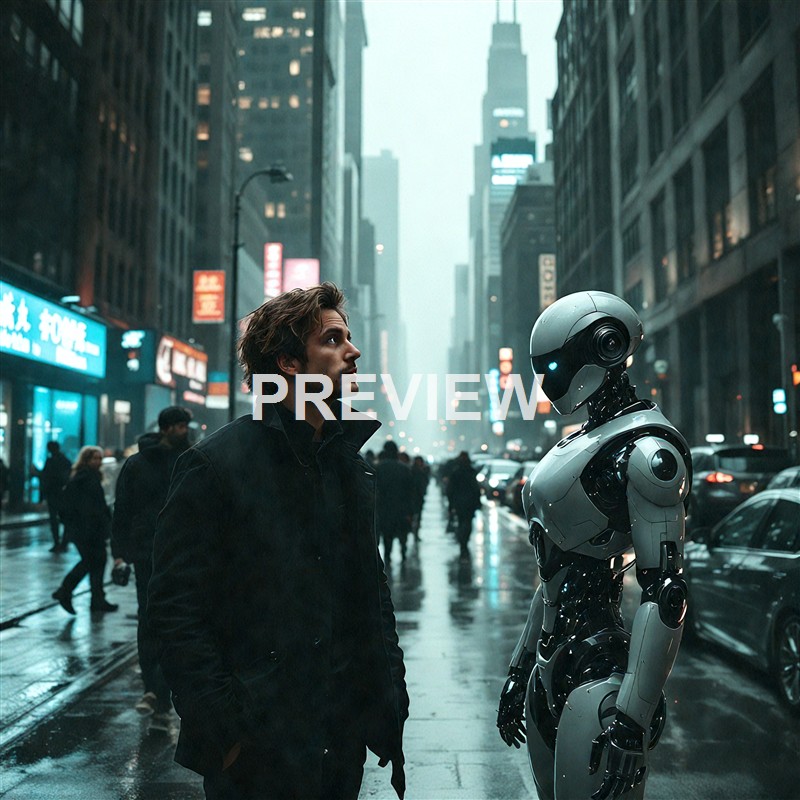 A man and a humanoid robot face each other on a rainy city street with tall buildings and neon signs in the background.